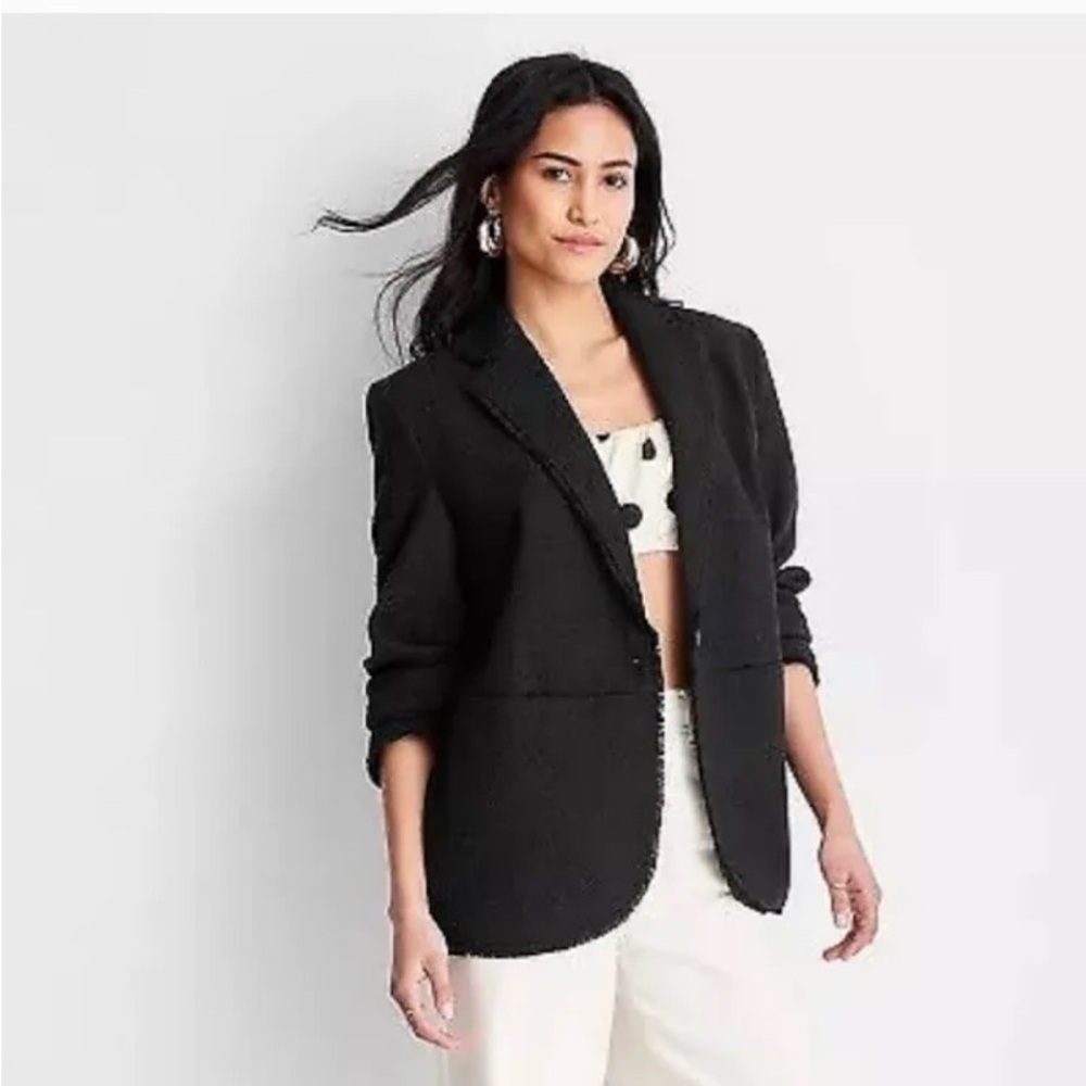 FUTURE COLLECTIVE WITH JENNY K. LOPEZ BOUCLE FRAYED EDGE BLAZER - BLACK S NWT